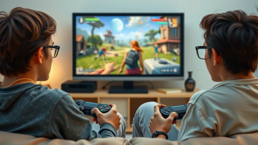 Dois rapazes a jogar videojogos no playstation